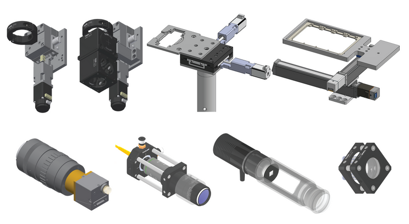 CAD renderings of various building blocks for the Squid microscope.